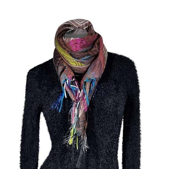 Multi-colored Metallic Scarf Shawl Wrap With Fringe - Picture 8 of 16